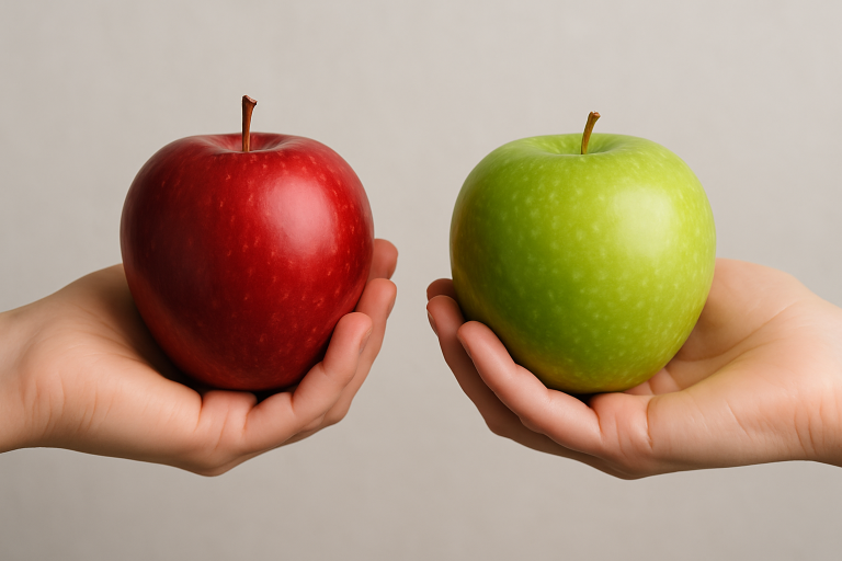 Two hands each holding an apple - one red, one green - symbolizing that both RFPs and briefs can be valid approaches, and that RFPs help create apples-to-apples comparisons when structure and clarity are needed.