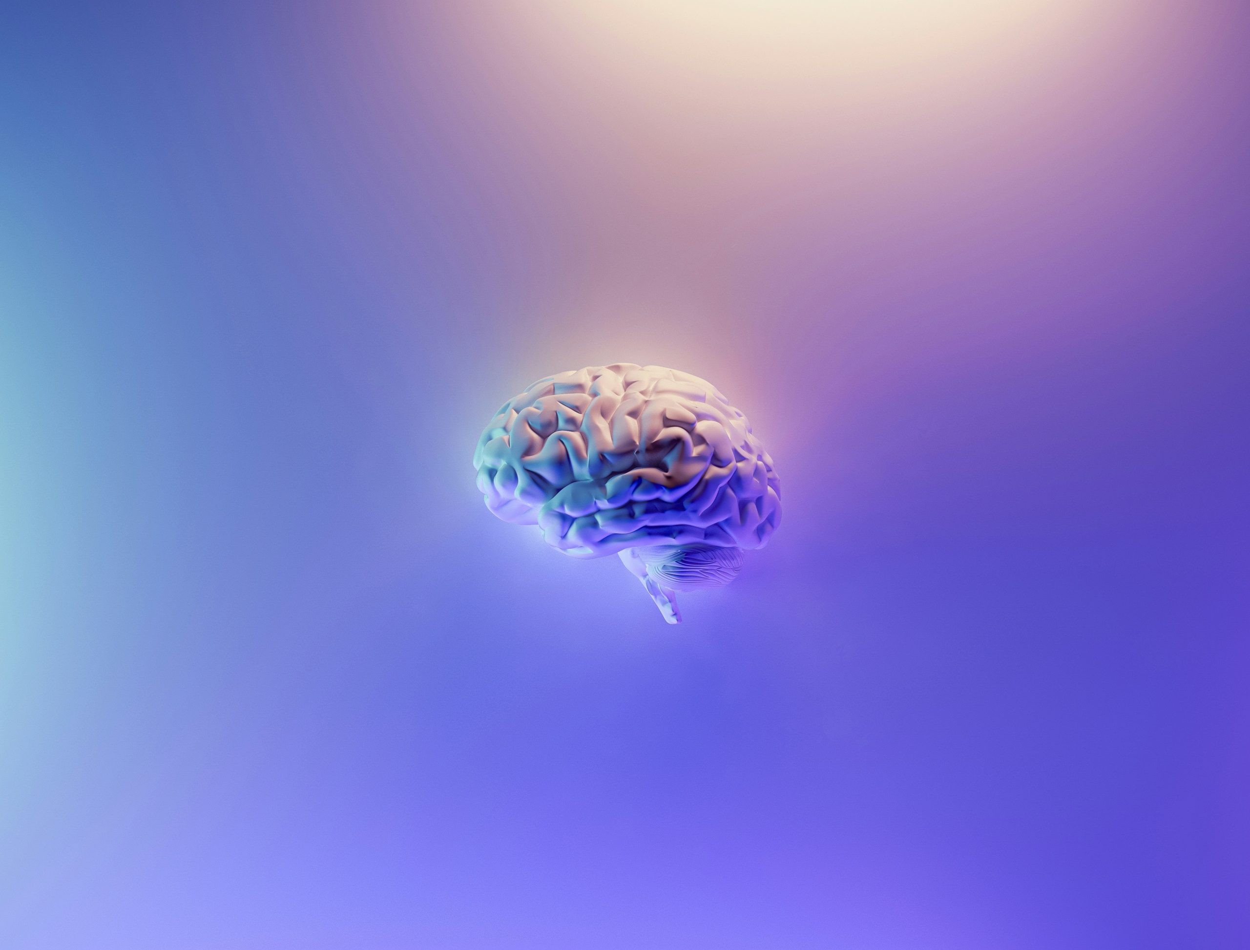 Abstract 3D rendering of a human brain against a soft blue and purple gradient background, symbolizing AI decision-making in governance and executive judgment.