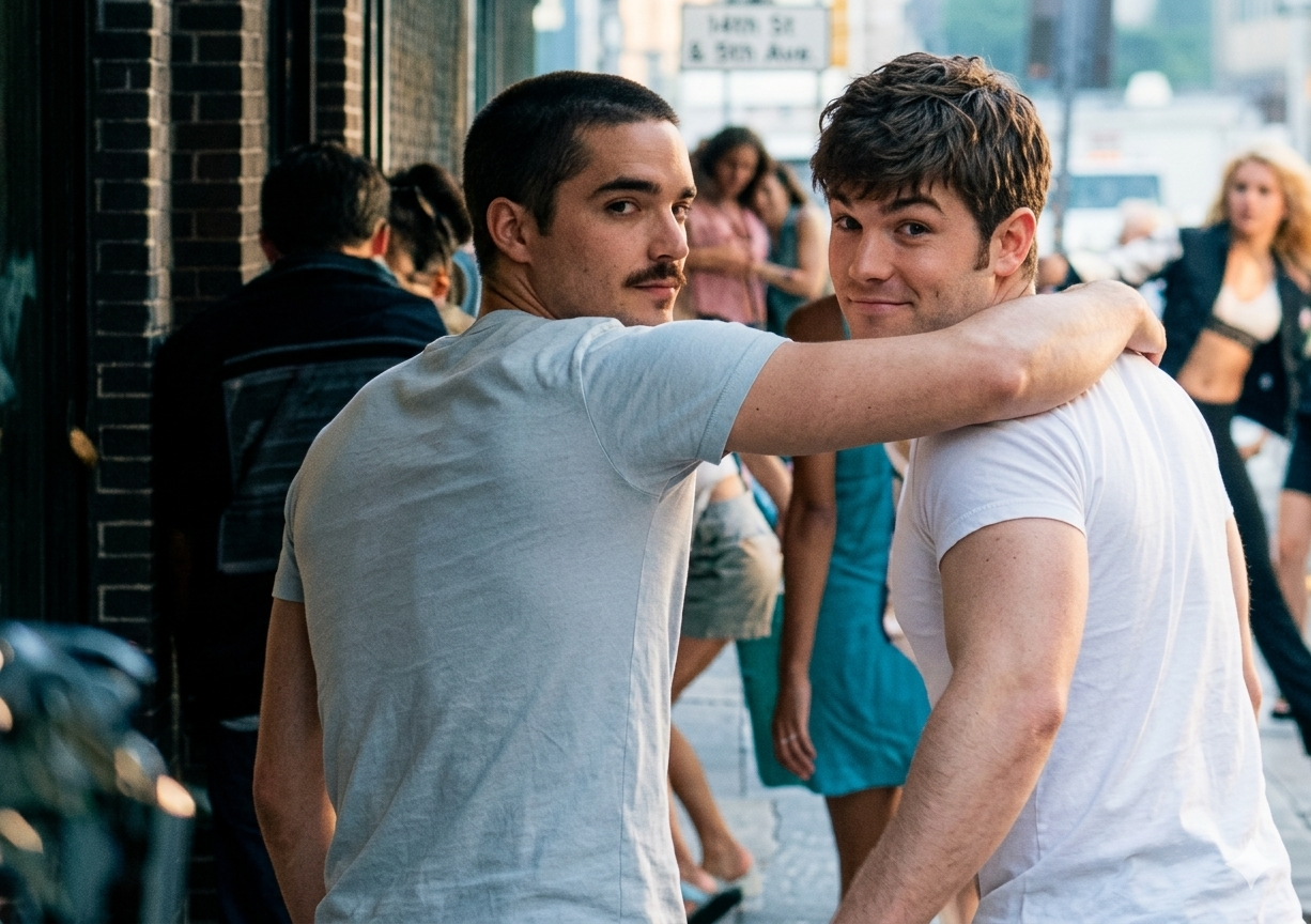 Impulse body spray ad 1998 scene with two men walking together in city street