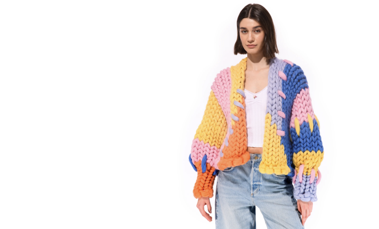 Chunky hand-knit sweater by Hope Macaulay, an example of contemporary craft reflecting the idea of artisanal intelligence.